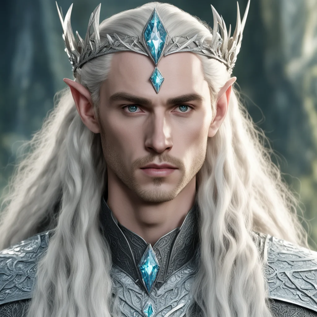 aiking thranduil with blond hair and braids wearing silver elvish circlet encrusted with large diamonds with large center diamond good looking trending fantastic 1