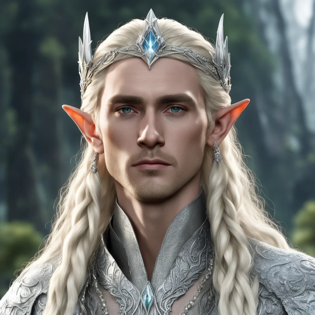 king thranduil with blond hair and braids wearing silver elvish circlet encrusted with large diamonds with large center diamond