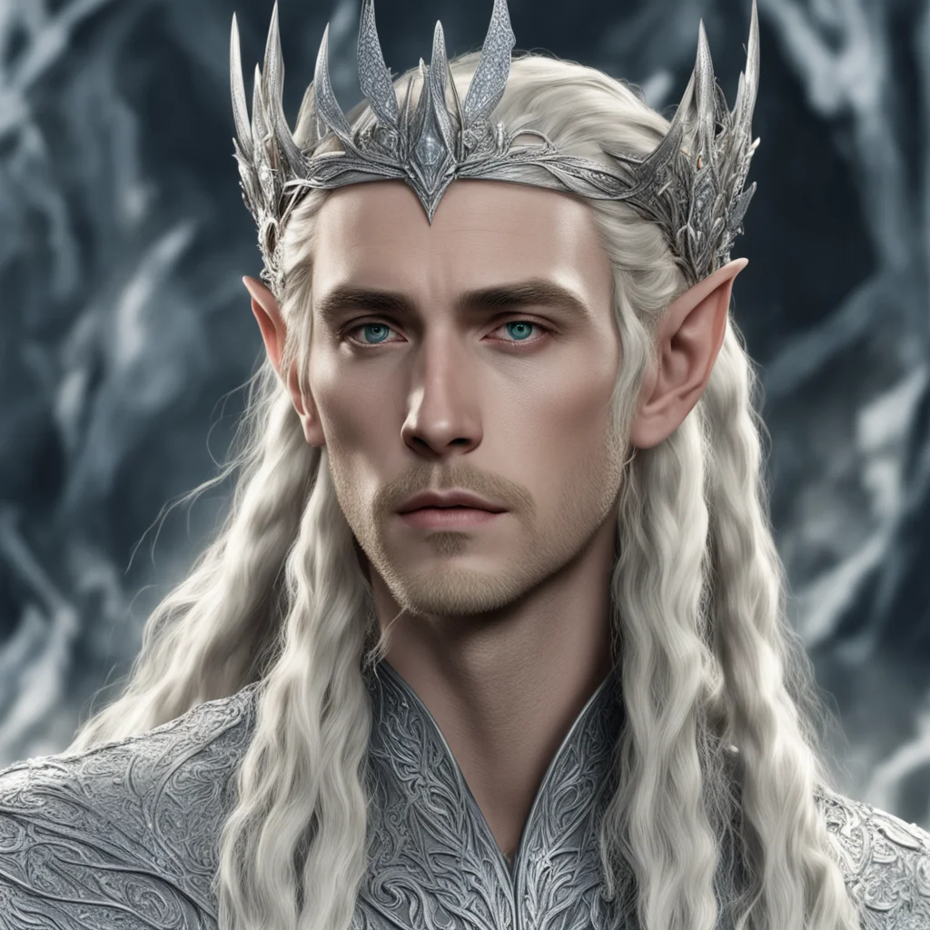aiking thranduil with blond hair and braids wearing silver elvish circlet heavily encrusted with diamonds
