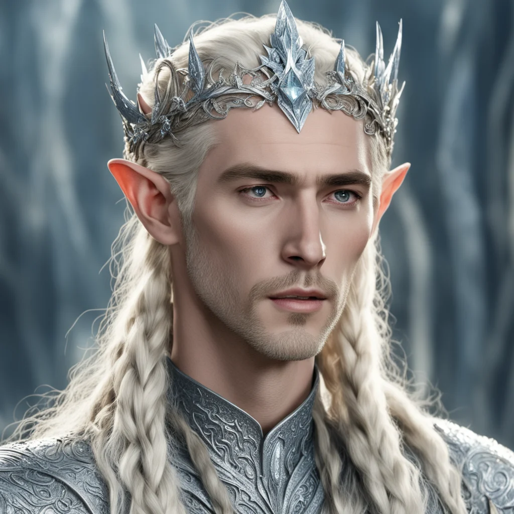 king thranduil with blond hair and braids wearing silver elvish circlet heavily encrusted with large diamonds amazing awesome portrait 2