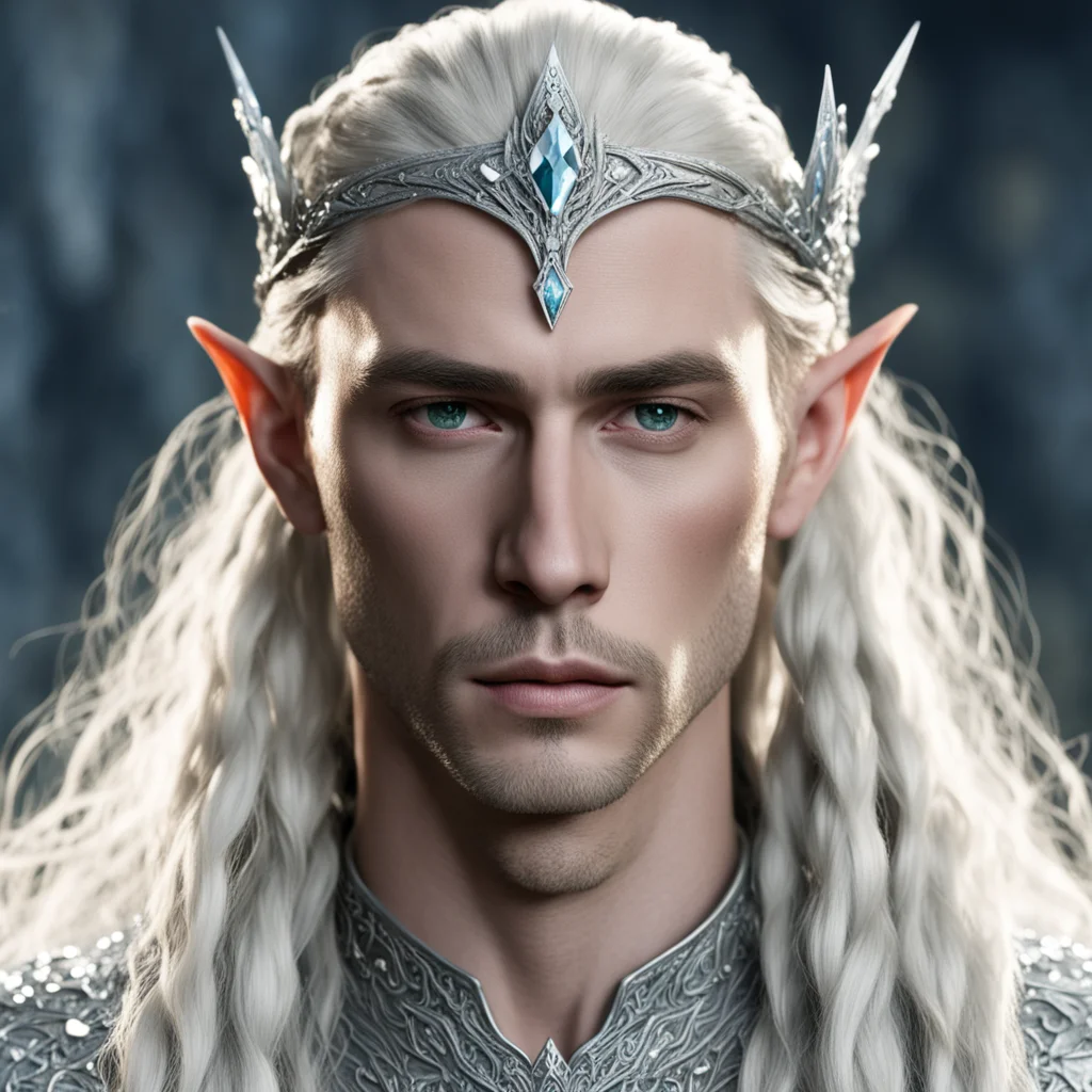king thranduil with blond hair and braids wearing silver elvish circlet heavily encrusted with large diamonds confident engaging wow artstation art 3