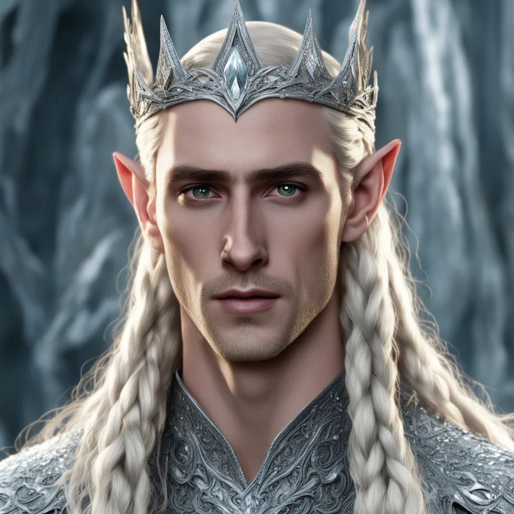aiking thranduil with blond hair and braids wearing silver elvish circlet heavily encrusted with large diamonds