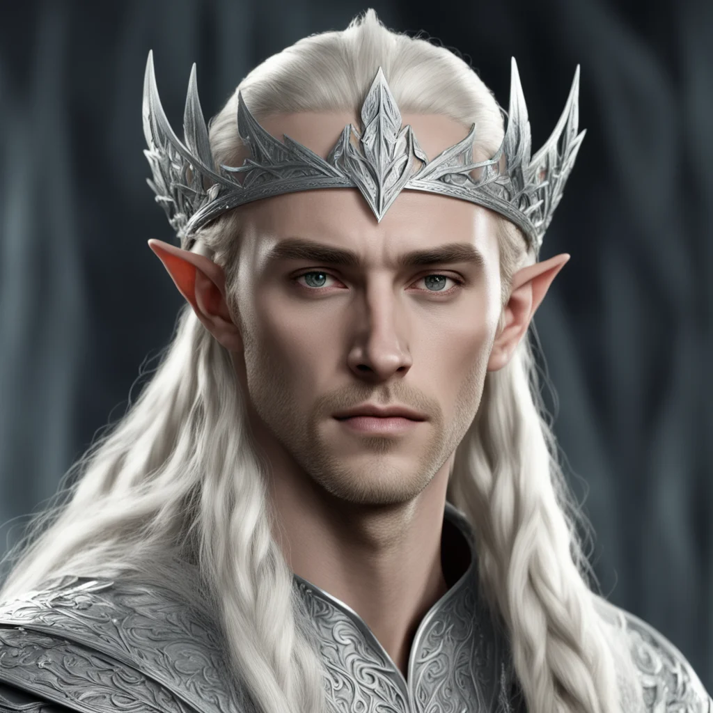 aiking thranduil with blond hair and braids wearing silver elvish circlet of silver laurel leaf and large diamonds  confident engaging wow artstation art 3