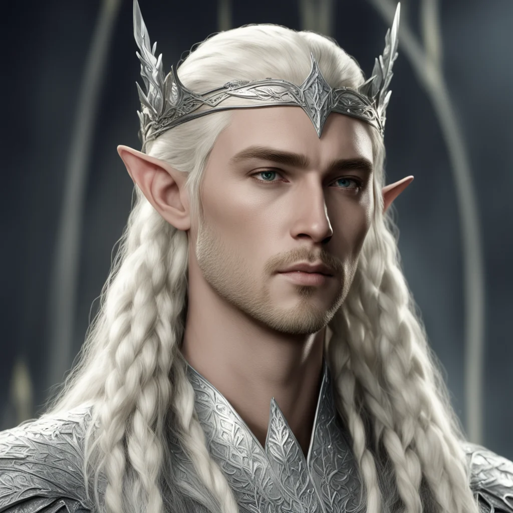 aiking thranduil with blond hair and braids wearing silver elvish circlet of silver laurel leaf and large diamonds  good looking trending fantastic 1