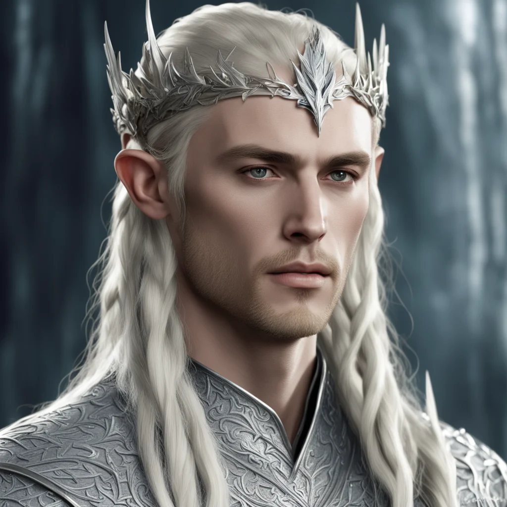 aiking thranduil with blond hair and braids wearing silver elvish circlet of silver laurel leaf and large diamonds 