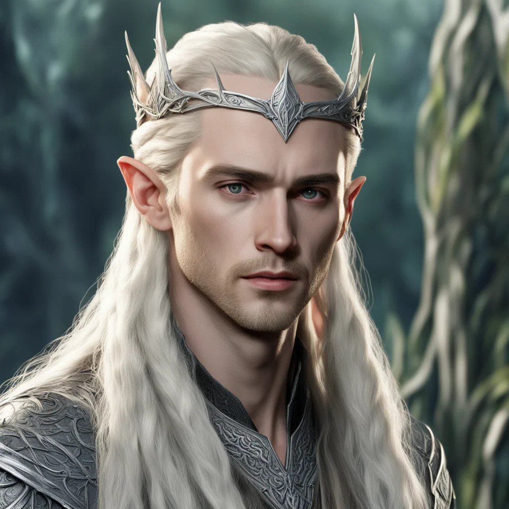 aiking thranduil with blond hair and braids wearing silver elvish circlet with large center diamond 