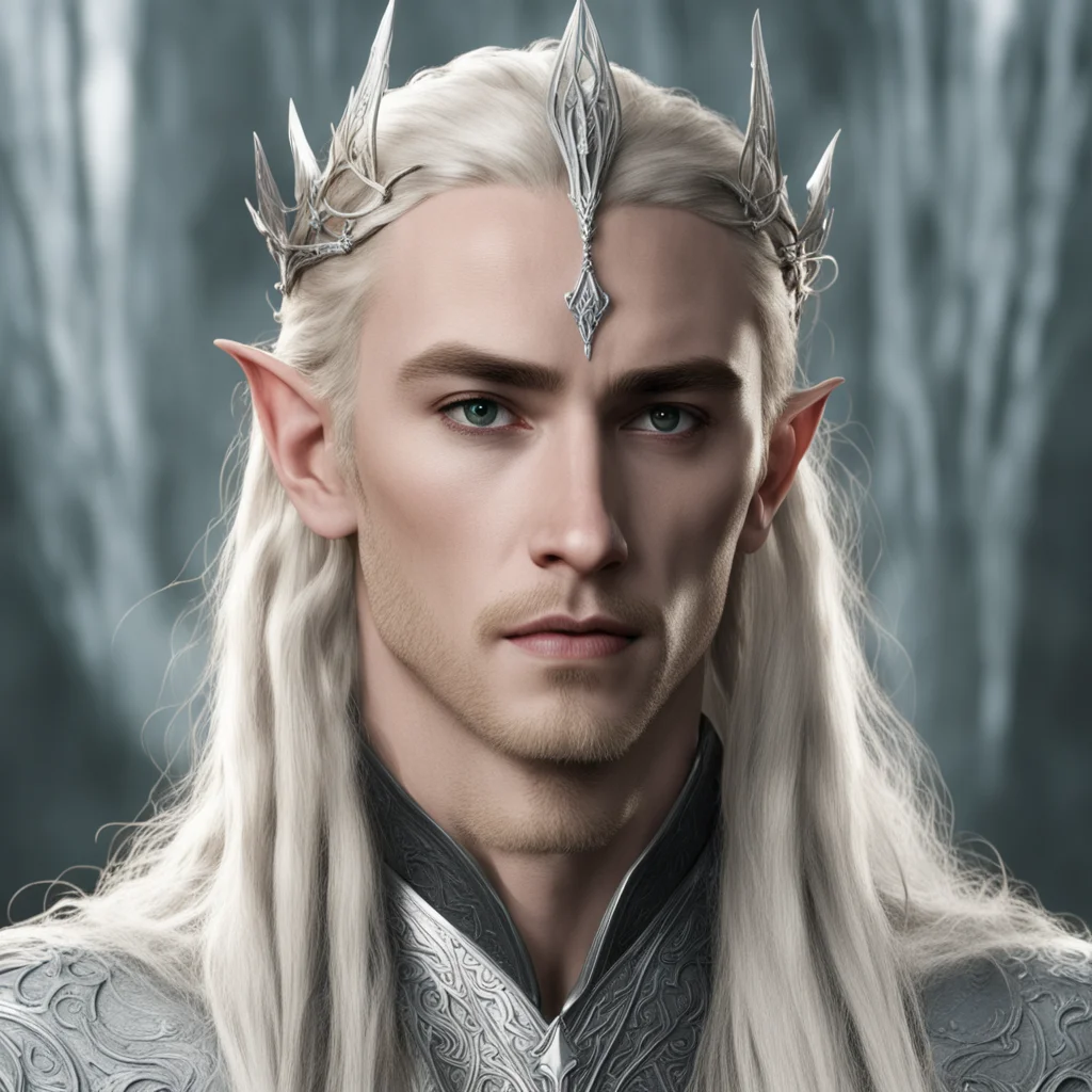 aiking thranduil with blond hair and braids wearing silver elvish circlet with large center diamond confident engaging wow artstation art 3
