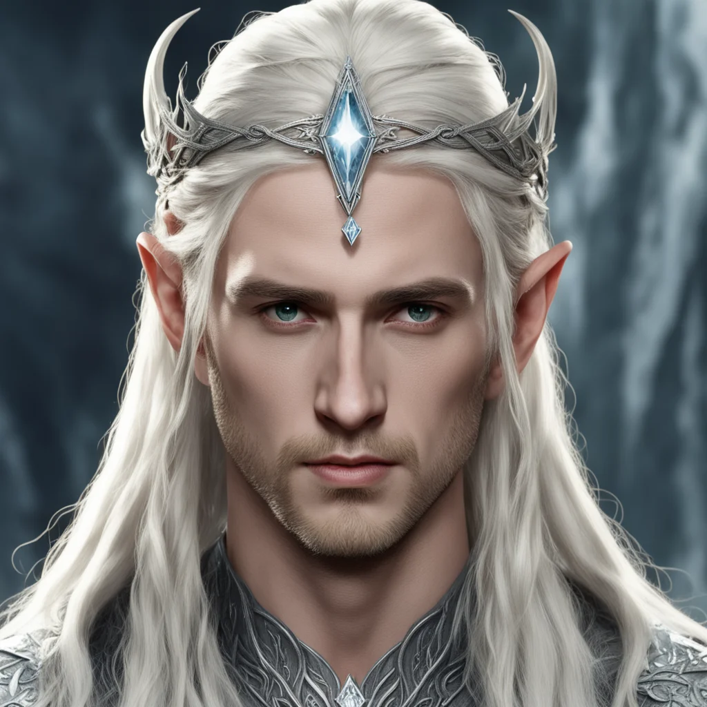 king thranduil with blond hair and braids wearing silver elvish circlet with large center diamond in the center with strings of silver and diamonds suspended from the circlet amazing awesome portrai