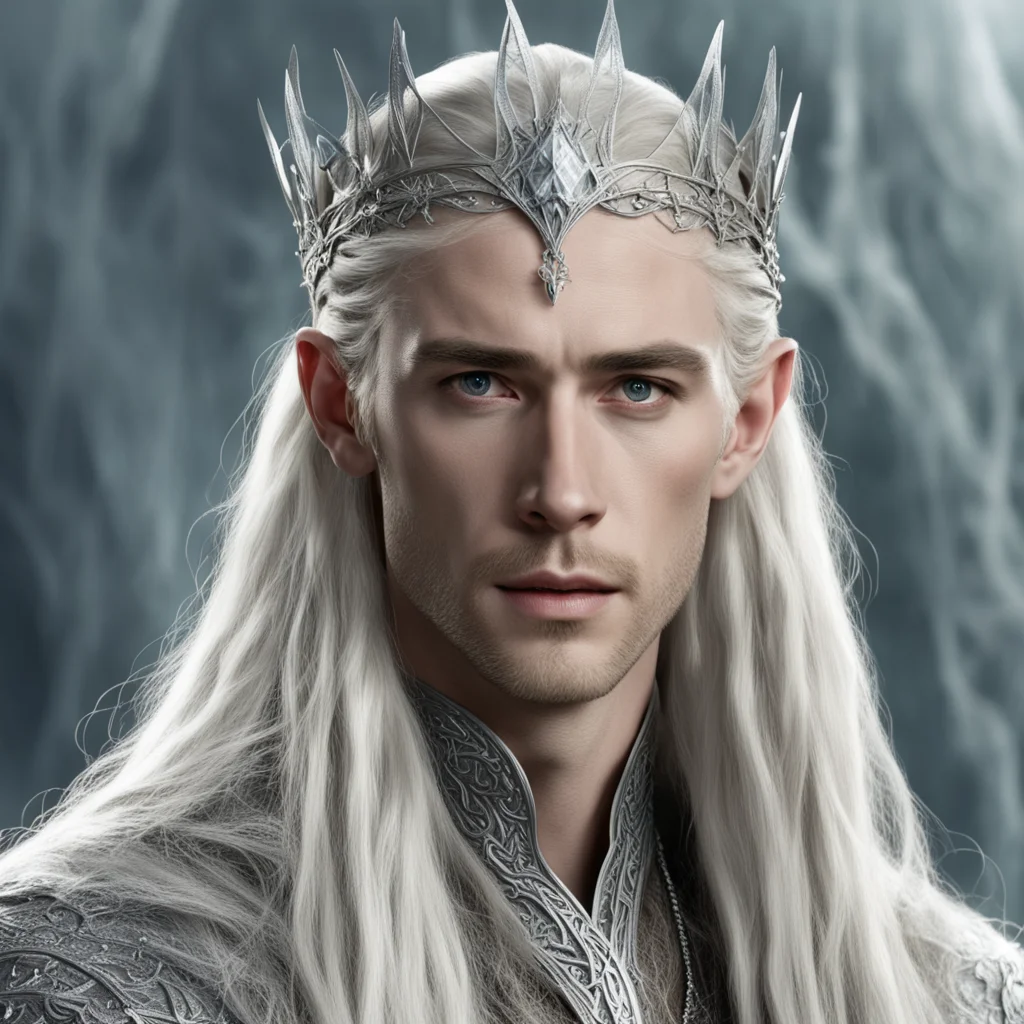 king thranduil with blond hair and braids wearing silver elvish circlet with large center diamond in the center with strings of silver and diamonds suspended from the circlet confident engaging wow 