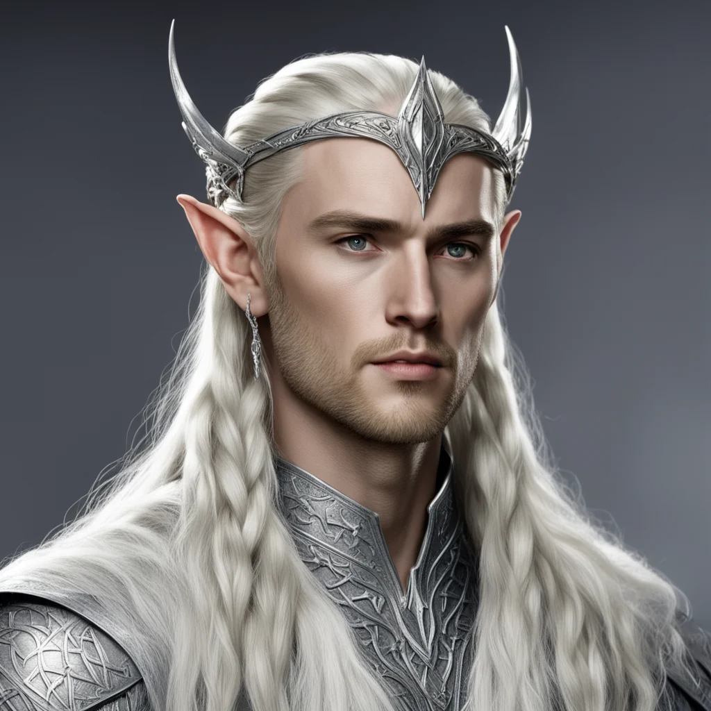 king thranduil with blond hair and braids wearing silver elvish circlet with large center diamond in the center with strings of silver and diamonds suspended from the circlet