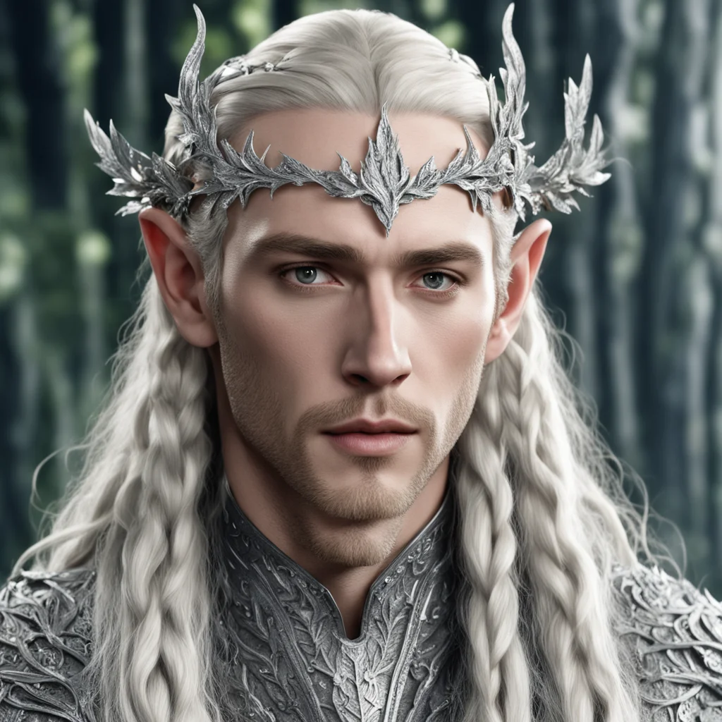 aiking thranduil with blond hair and braids wearing silver elvish circlet with silver oak leaves encrusted with diamonds with large center diamond amazing awesome portrait 2