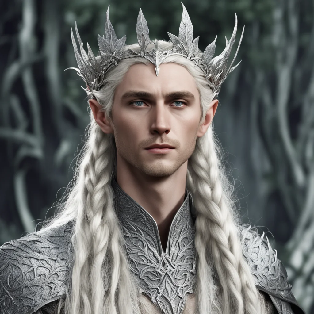 aiking thranduil with blond hair and braids wearing silver elvish circlet with silver oak leaves encrusted with diamonds with large center diamond confident engaging wow artstation art 3