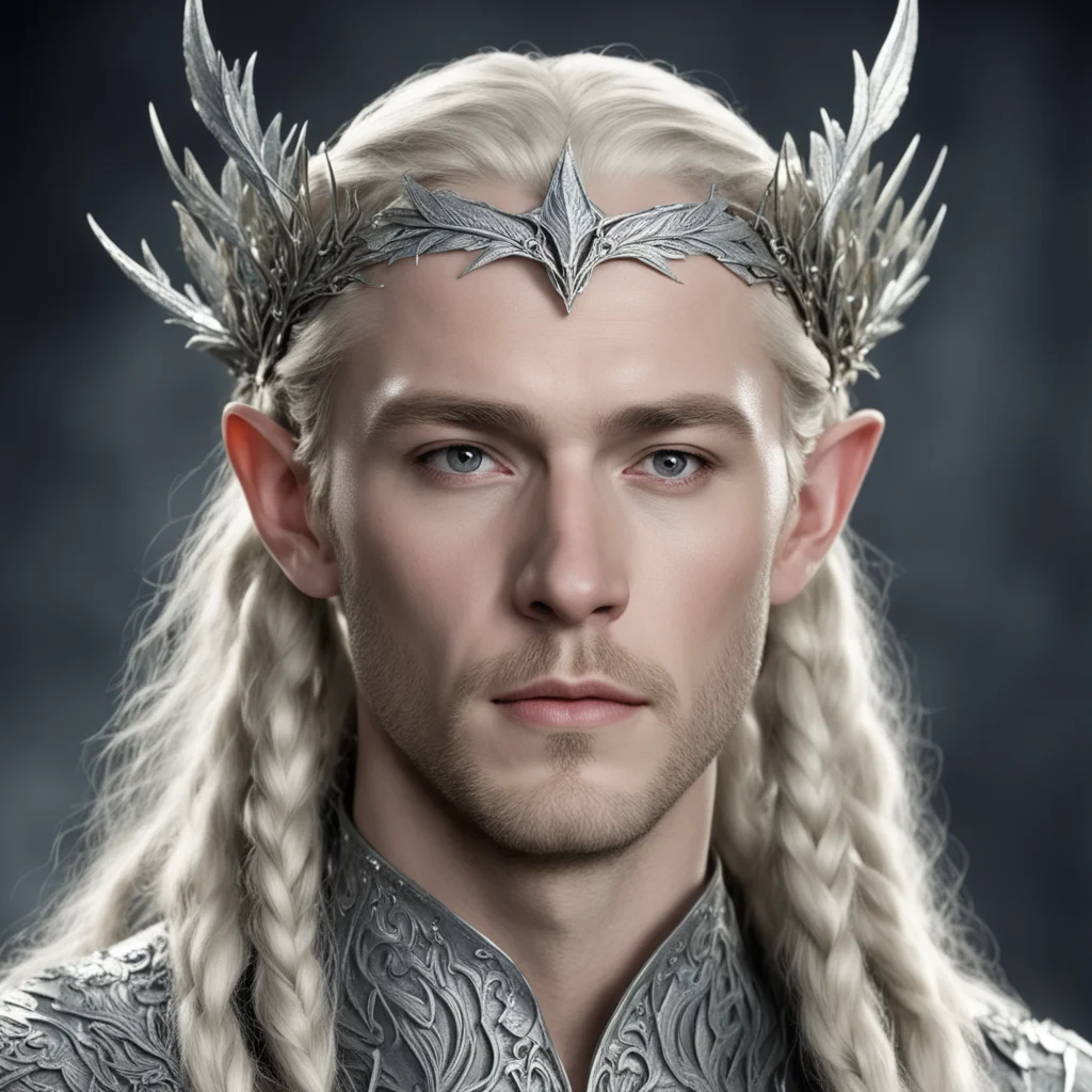 aiking thranduil with blond hair and braids wearing silver elvish circlet with silver oak leaves encrusted with diamonds with large center diamond good looking trending fantastic 1