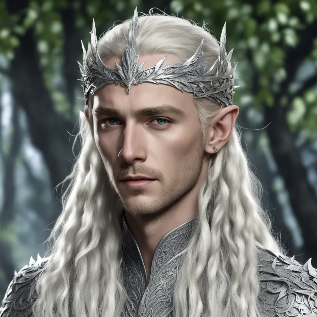 aiking thranduil with blond hair and braids wearing silver elvish circlet with silver oak leaves encrusted with diamonds with large center diamond
