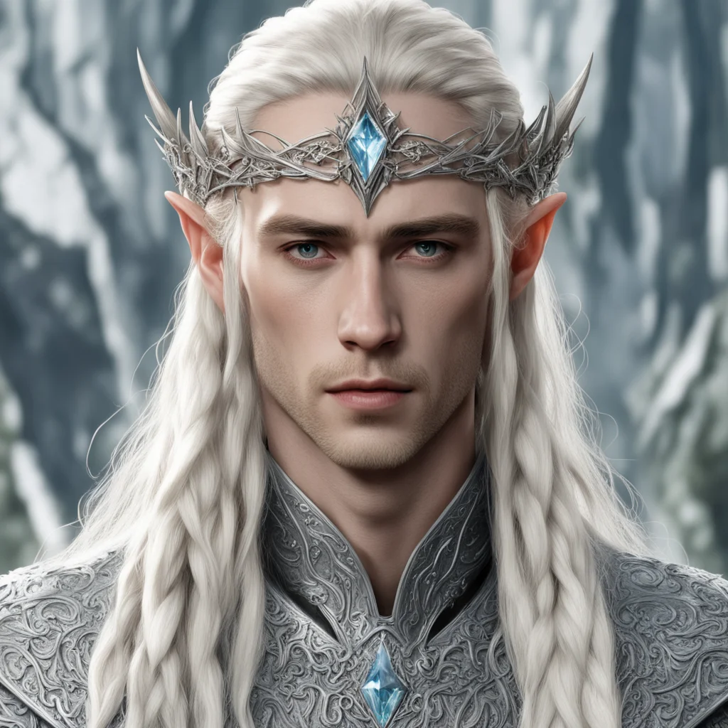 king thranduil with blond hair and braids wearing silver elvish circlet with silver rosettes studded with diamonds with large center diamond amazing awesome portrait 2