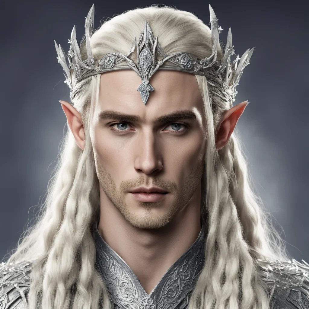 king thranduil with blond hair and braids wearing silver elvish circlet with silver rosettes studded with diamonds with large center diamond good looking trending fantastic 1