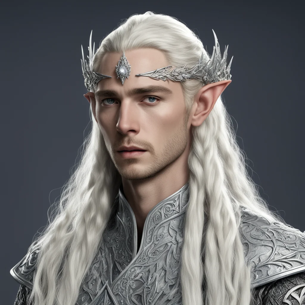 aiking thranduil with blond hair and braids wearing silver elvish circlet with silver rosettes studded with diamonds with large center diamond