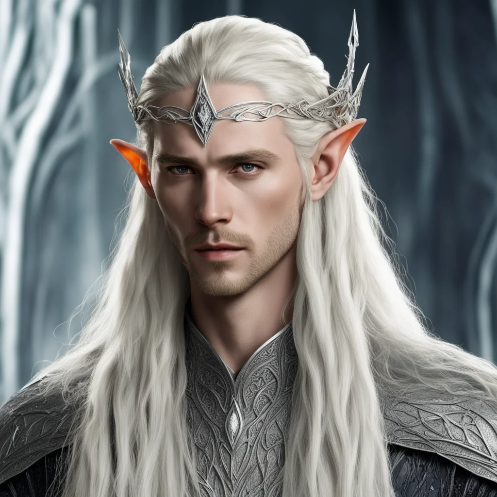 king thranduil with blond hair and braids wearing silver elvish circlet with string on diamonds with large middle diamond amazing awesome portrait 2