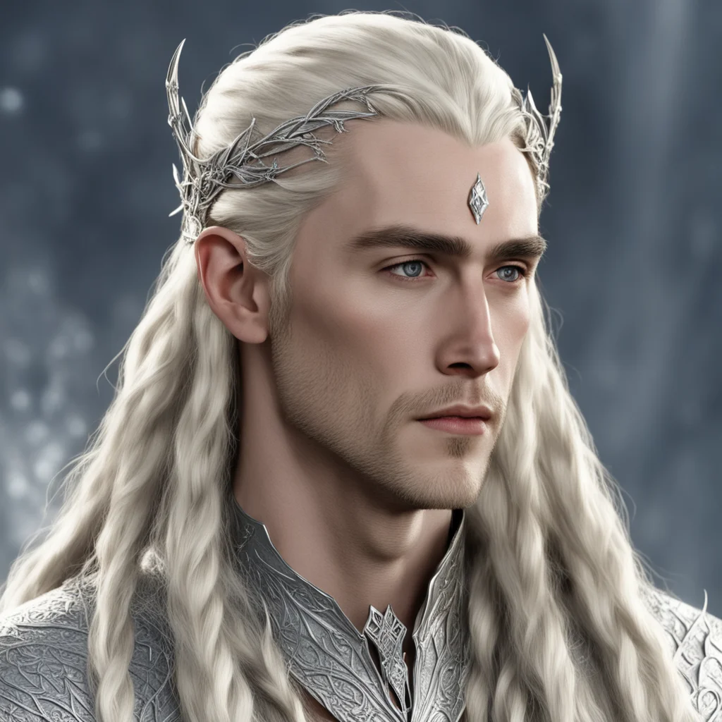 king thranduil with blond hair and braids wearing silver elvish circlet with string on diamonds with large middle diamond confident engaging wow artstation art 3