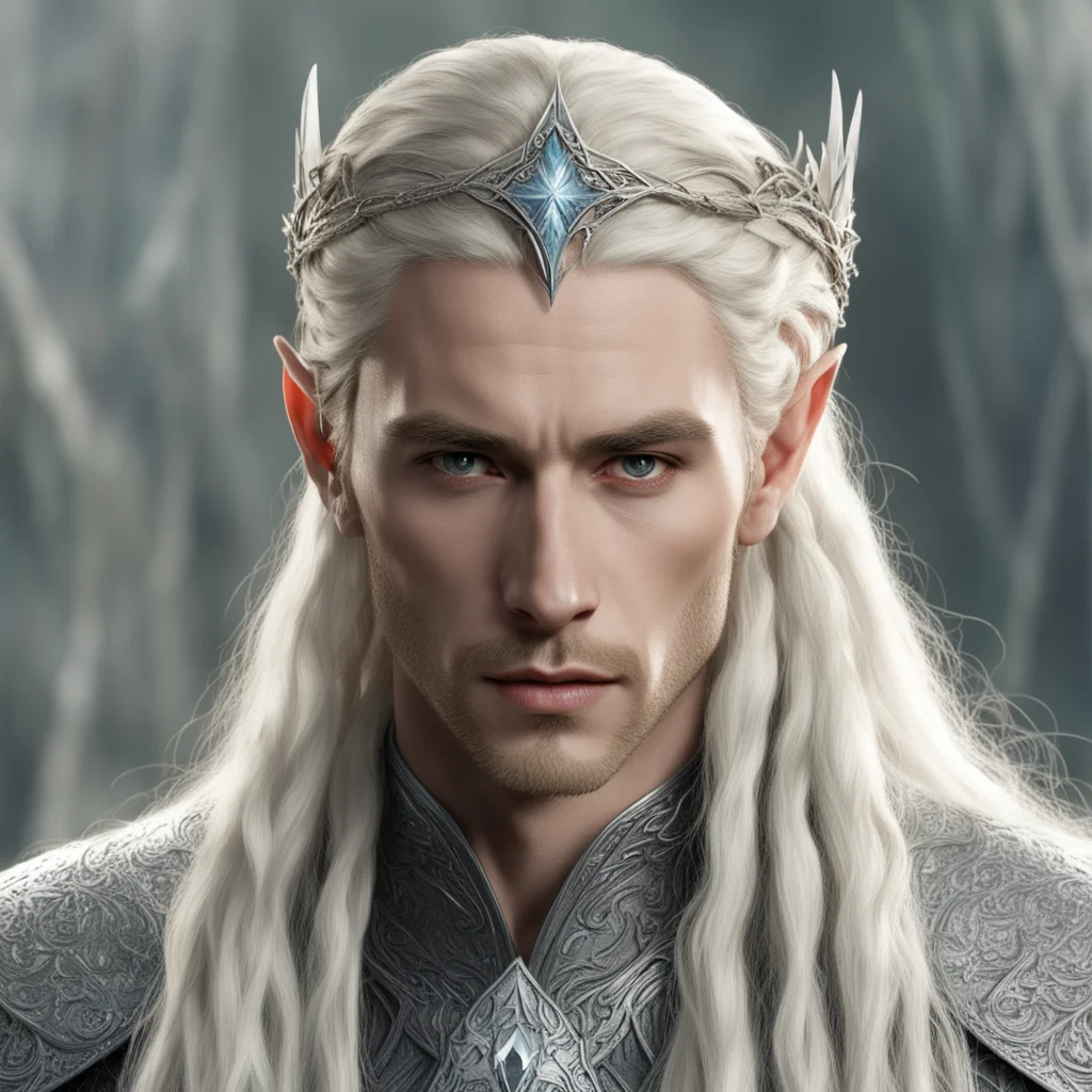 aiking thranduil with blond hair and braids wearing silver elvish circlet with string on diamonds with large middle diamond good looking trending fantastic 1