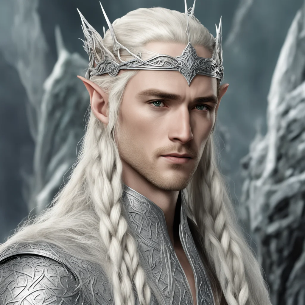 king thranduil with blond hair and braids wearing silver elvish circlet with string on diamonds with large middle diamond