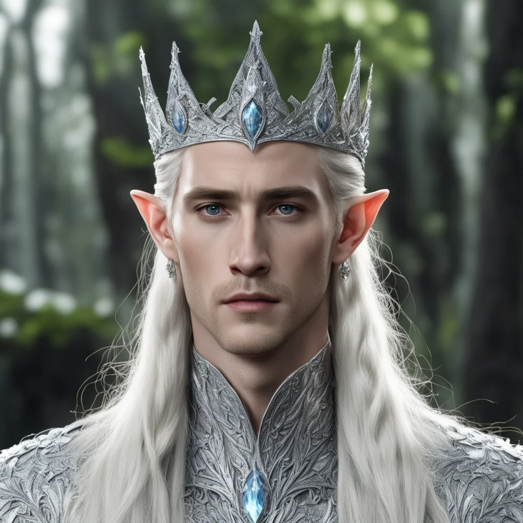 aiking thranduil with blond hair and braids wearing silver elvish coronet comprised on small silver leaves encrusted with diamonds with large center diamond amazing awesome portrait 2