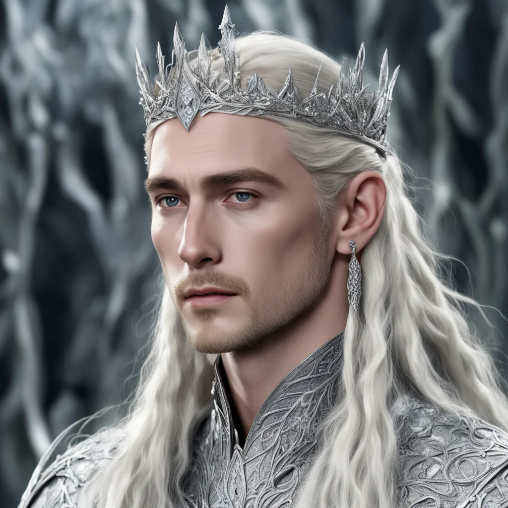 aiking thranduil with blond hair and braids wearing silver elvish coronet comprised on small silver leaves encrusted with diamonds with large center diamond good looking trending fantastic 1