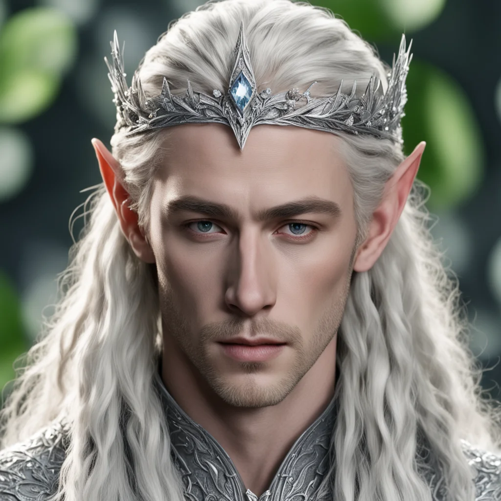 aiking thranduil with blond hair and braids wearing silver elvish coronet comprised on small silver leaves encrusted with diamonds with large center diamond