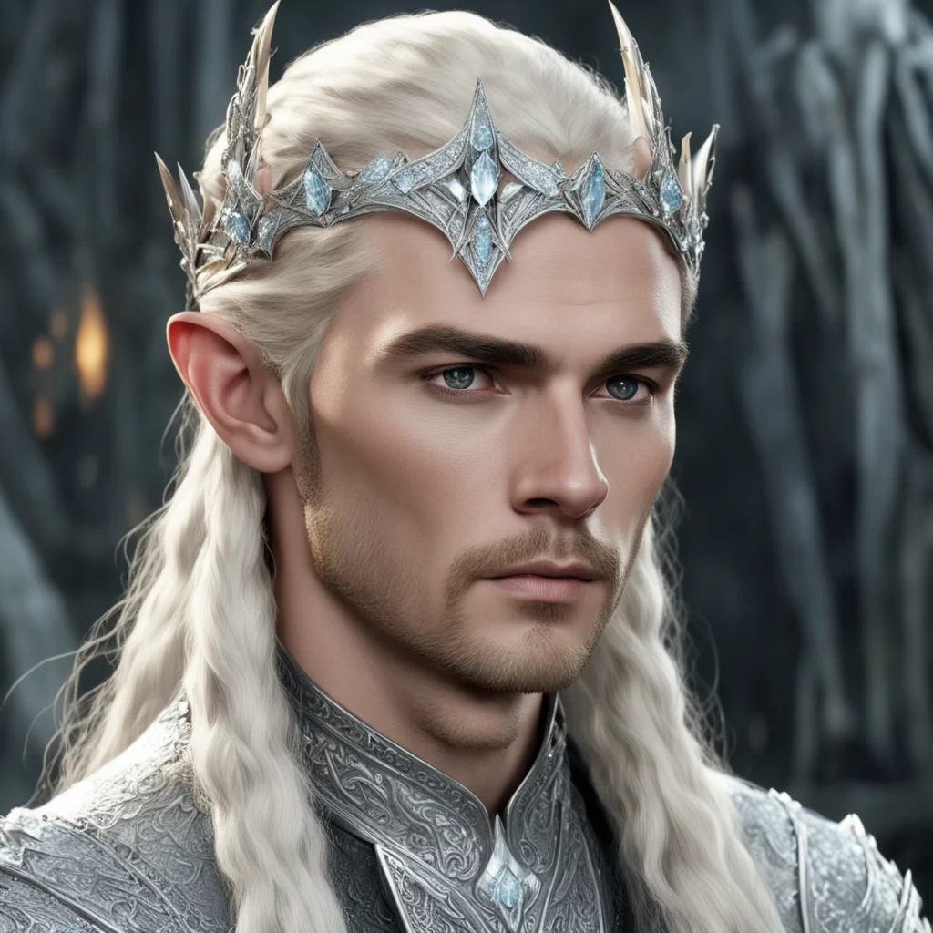 aiking thranduil with blond hair and braids wearing silver elvish coronet encrusted with large diamonds with large center diamond amazing awesome portrait 2