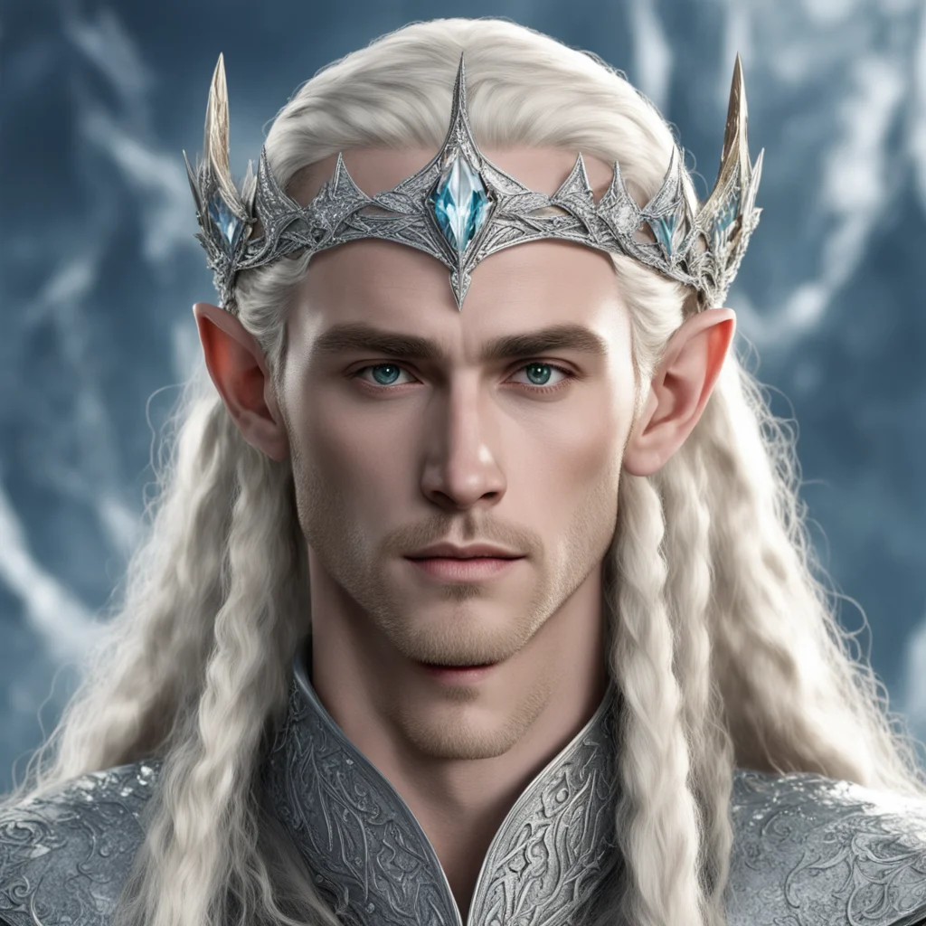 aiking thranduil with blond hair and braids wearing silver elvish coronet encrusted with large diamonds with large center diamond confident engaging wow artstation art 3