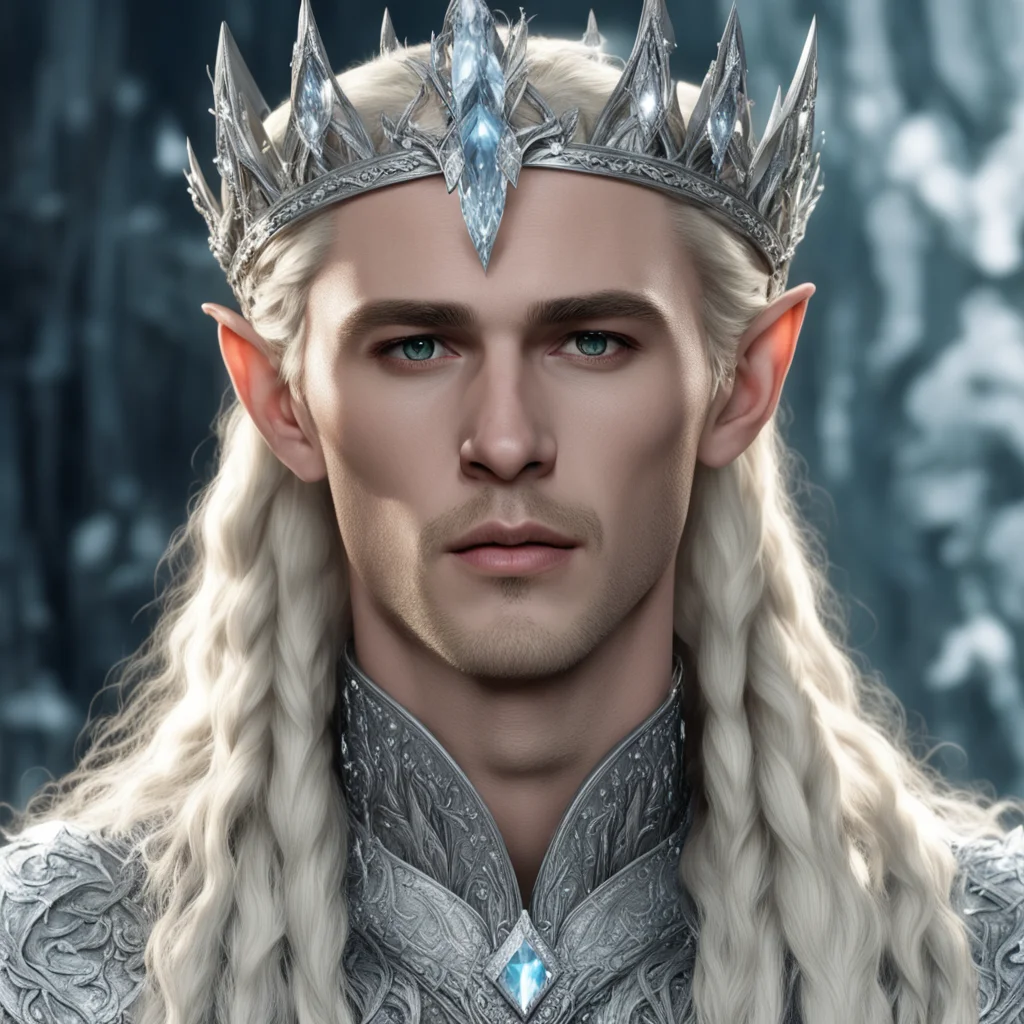 aiking thranduil with blond hair and braids wearing silver elvish coronet encrusted with large diamonds with large center diamond good looking trending fantastic 1