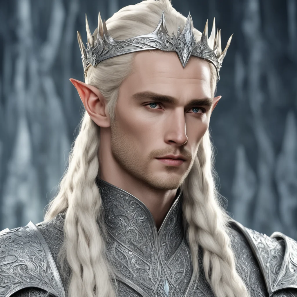 aiking thranduil with blond hair and braids wearing silver elvish coronet encrusted with large diamonds with large center diamond