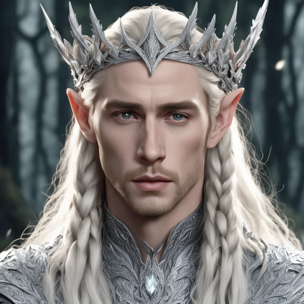 aiking thranduil with blond hair and braids wearing silver elvish coronet with silver oak leaves encrusted with large diamonds with large center diamond amazing awesome portrait 2