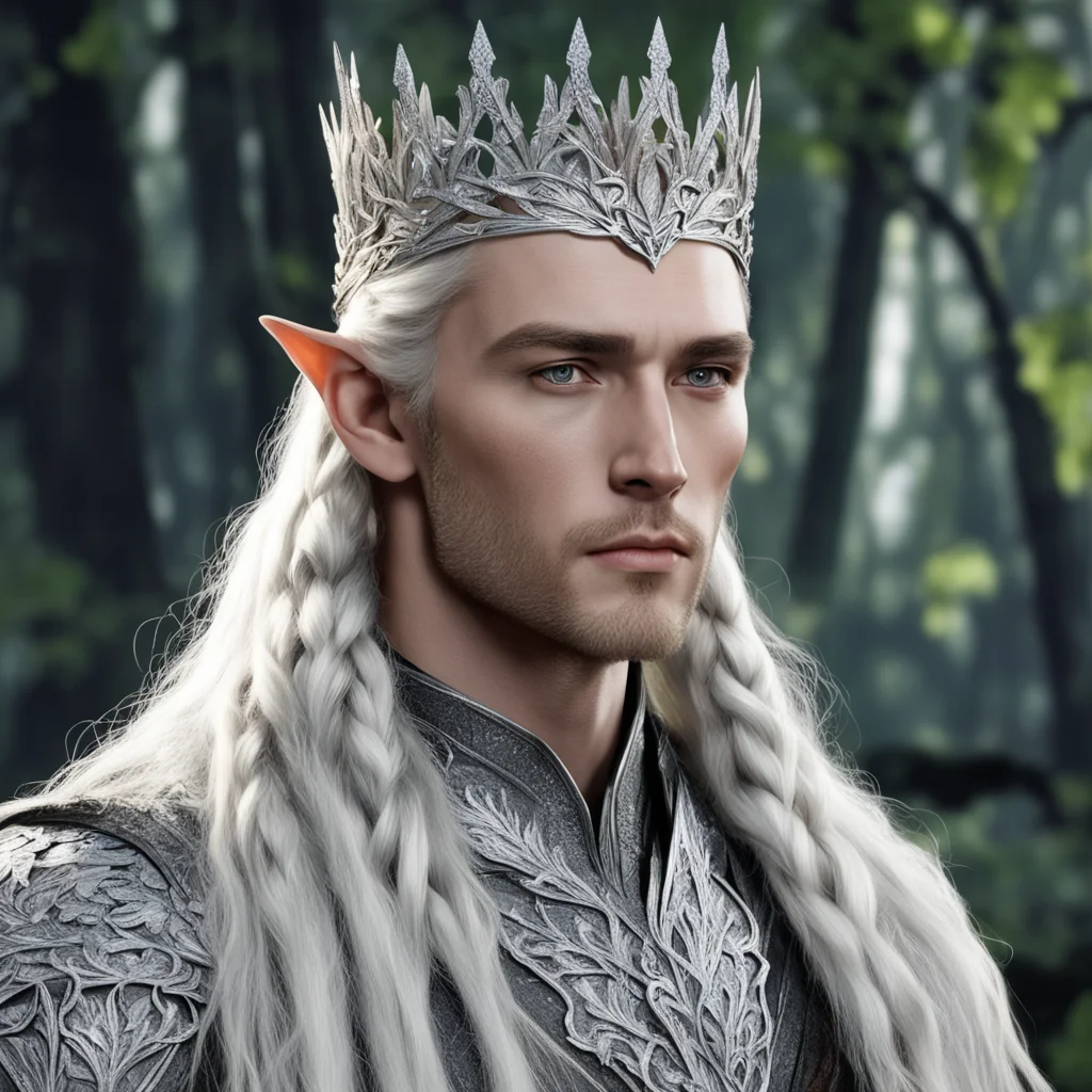 aiking thranduil with blond hair and braids wearing silver elvish coronet with silver oak leaves encrusted with large diamonds with large center diamond good looking trending fantastic 1