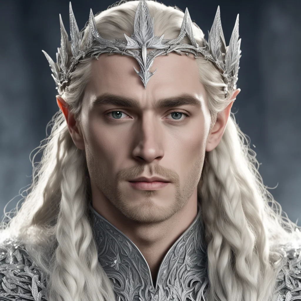 aiking thranduil with blond hair and braids wearing silver elvish coronet with silver oak leaves encrusted with large diamonds with large center diamond