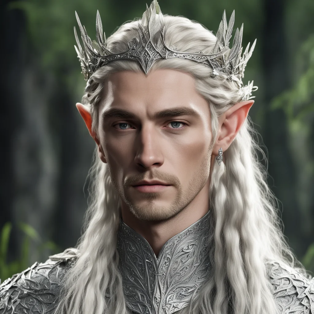 aiking thranduil with blond hair and braids wearing silver elvish coronet with silver olive leaf encrusted with diamonds with large center diamond amazing awesome portrait 2