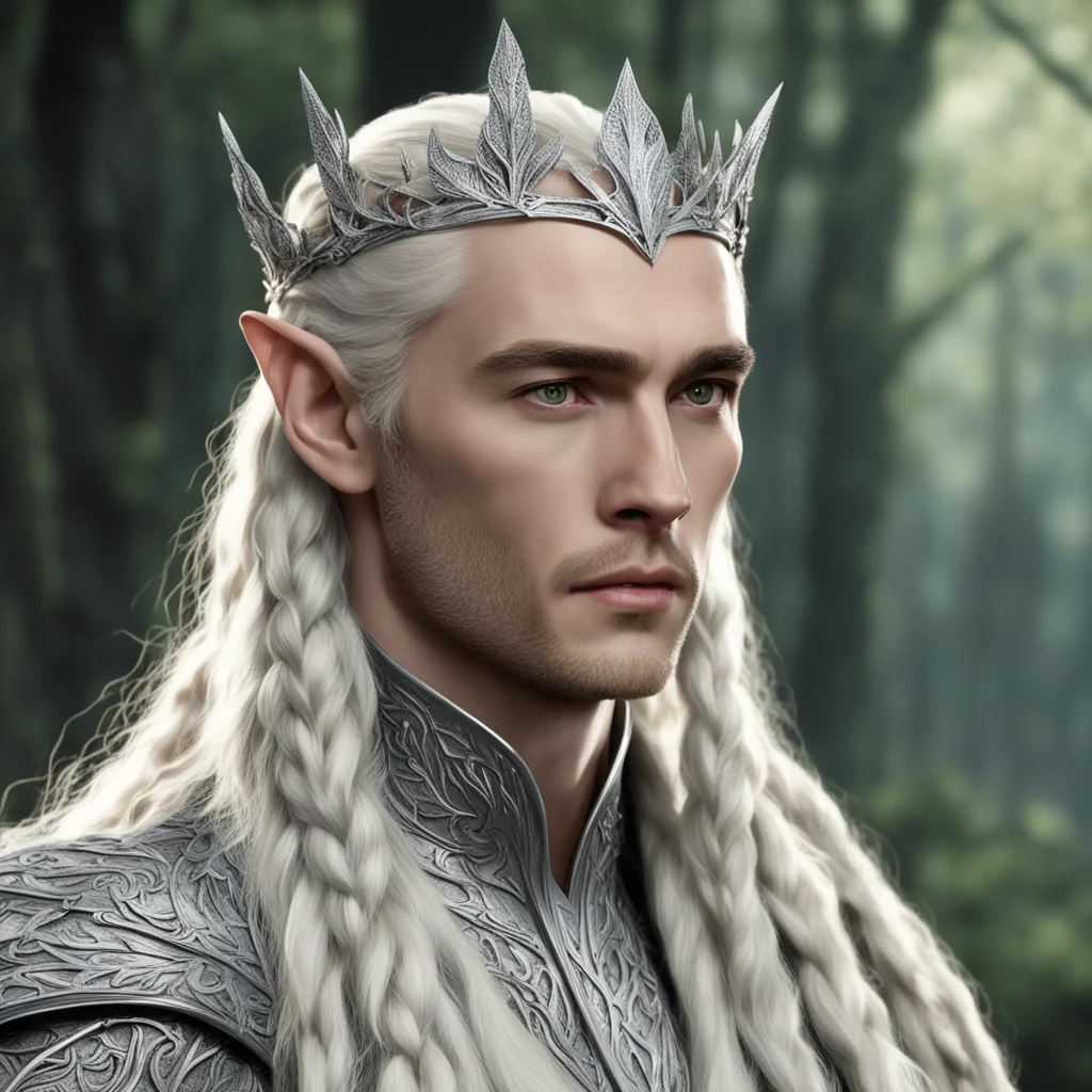 aiking thranduil with blond hair and braids wearing silver elvish coronet with silver olive leaf encrusted with diamonds with large center diamond confident engaging wow artstation art 3