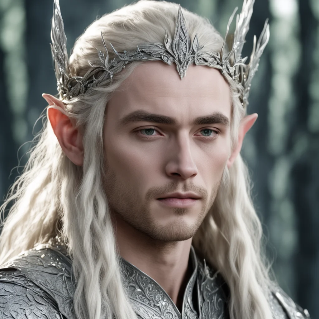 aiking thranduil with blond hair and braids wearing silver elvish coronet with silver olive leaf encrusted with diamonds with large center diamond good looking trending fantastic 1