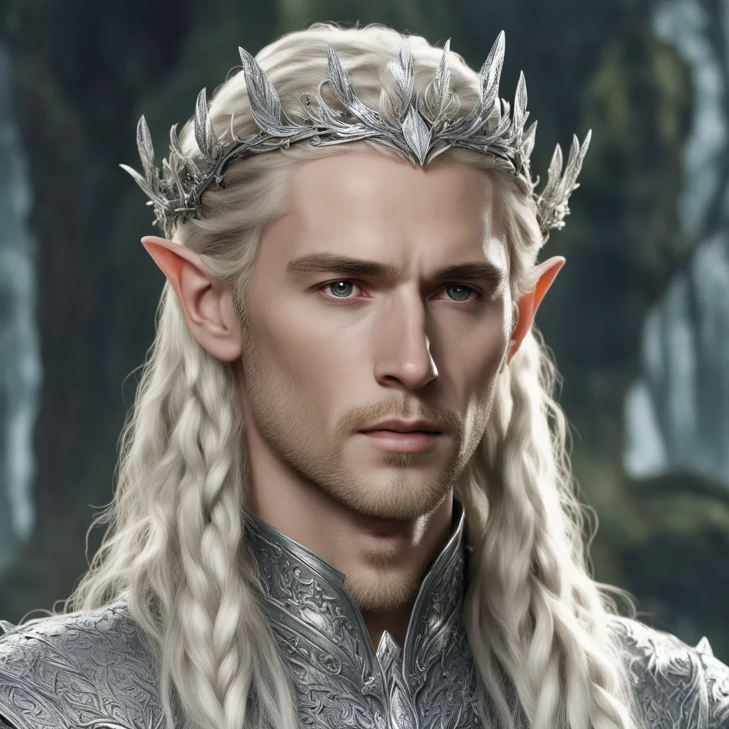 king thranduil with blond hair and braids wearing silver elvish coronet with silver olive leaf encrusted with diamonds with large center diamond