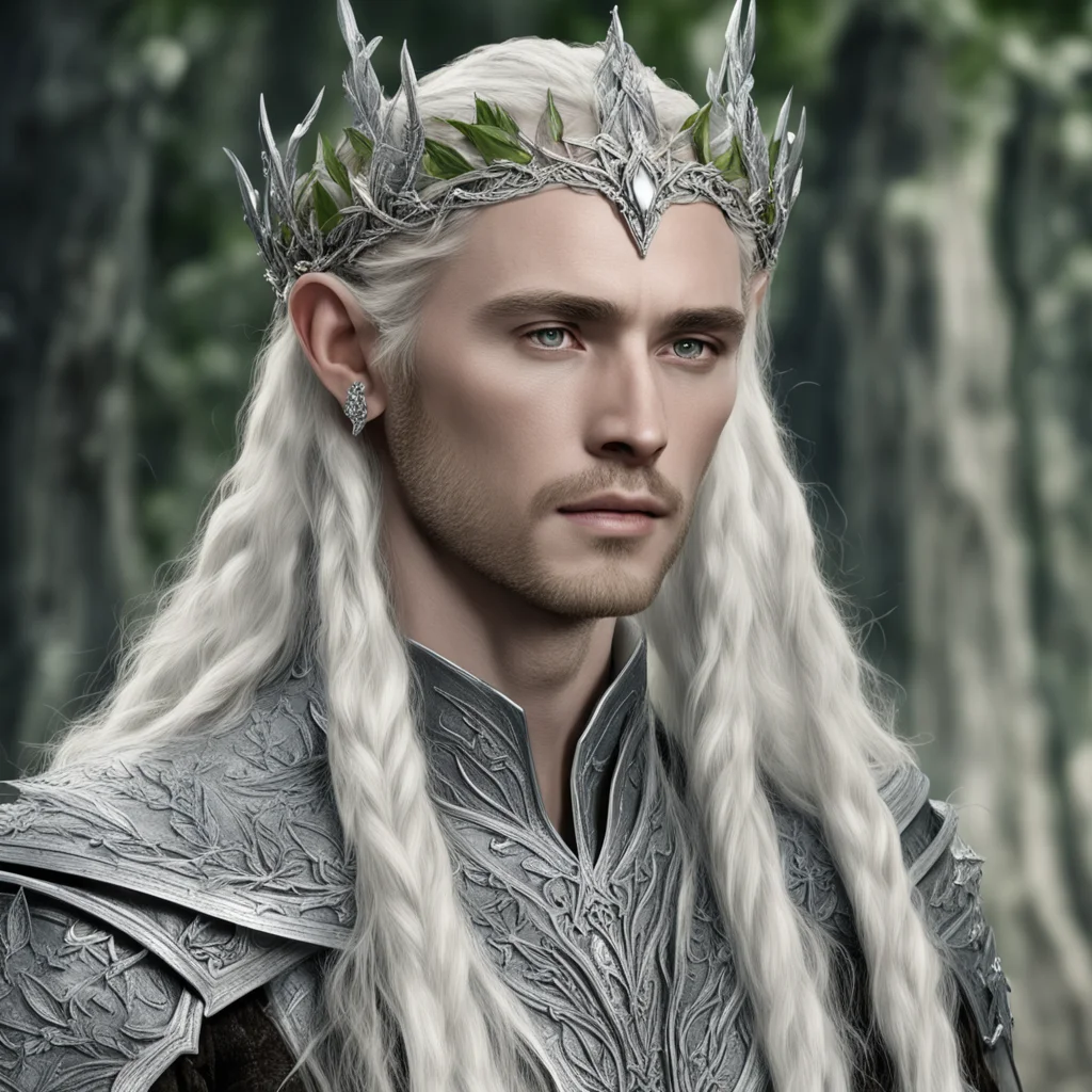 aiking thranduil with blond hair and braids wearing silver elvish coronet with silver olive leaves encrusted with diamonds with large center diamond amazing awesome portrait 2
