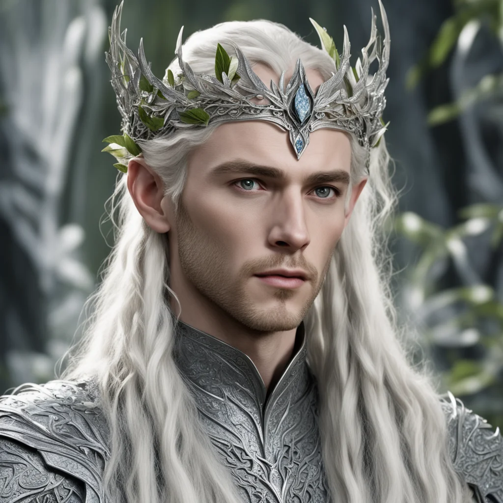 aiking thranduil with blond hair and braids wearing silver elvish coronet with silver olive leaves encrusted with diamonds with large center diamond confident engaging wow artstation art 3