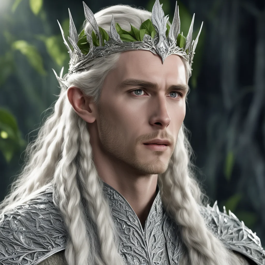 aiking thranduil with blond hair and braids wearing silver elvish coronet with silver olive leaves encrusted with diamonds with large center diamond good looking trending fantastic 1