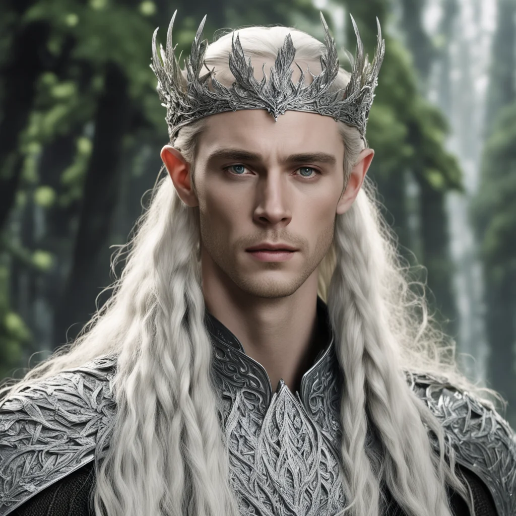 aiking thranduil with blond hair and braids wearing silver elvish coronet with silver olive leaves encrusted with diamonds with large center diamond