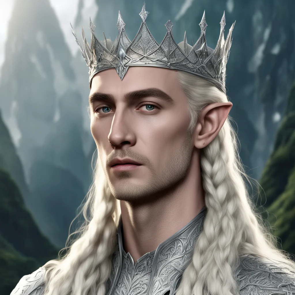 king thranduil with blond hair and braids wearing silver elvish crown with large diamonds amazing awesome portrait 2