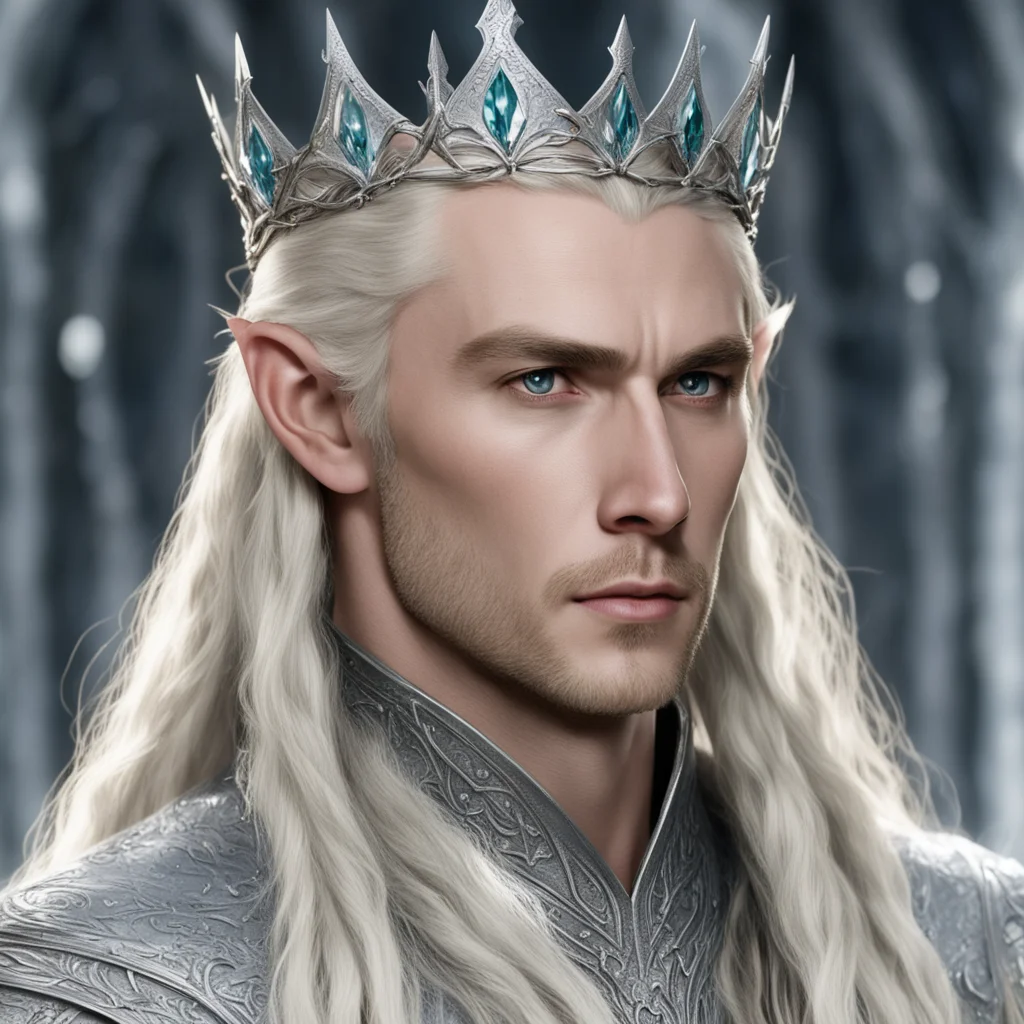 king thranduil with blond hair and braids wearing silver elvish crown with large diamonds confident engaging wow artstation art 3