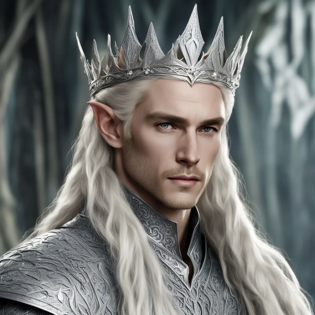 aiking thranduil with blond hair and braids wearing silver elvish crown with large diamonds