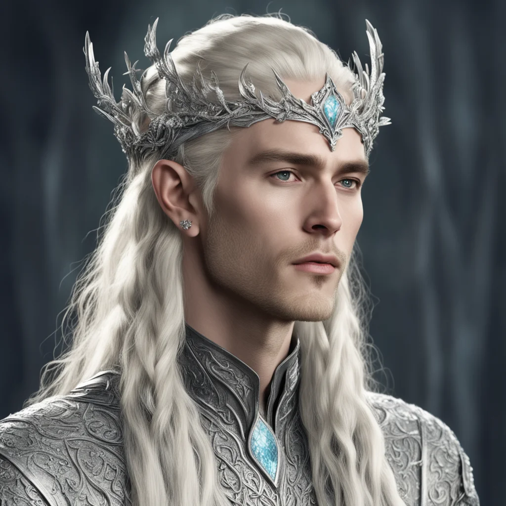 king thranduil with blond hair and braids wearing silver elvish flowers encrusted with diamonds forming a silver serpentine elvish circlet encrusted with diamonds with large center diamond  confiden