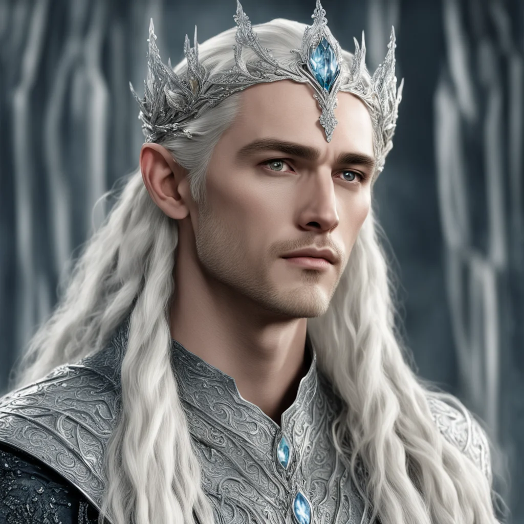 king thranduil with blond hair and braids wearing silver elvish flowers encrusted with diamonds forming a silver serpentine elvish circlet encrusted with diamonds with large center diamond 