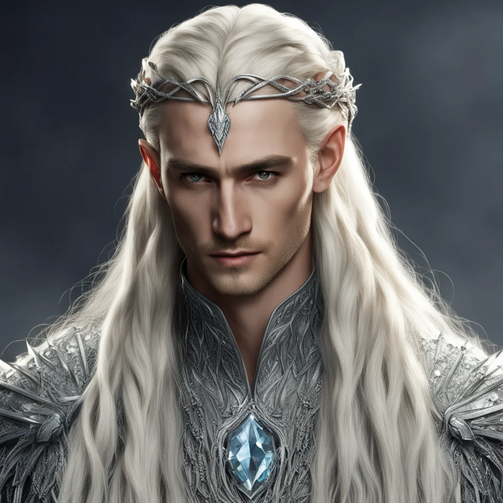 aiking thranduil with blond hair and braids wearing silver elvish forks with large diamonds and silver strings of diamonds in the hair amazing awesome portrait 2