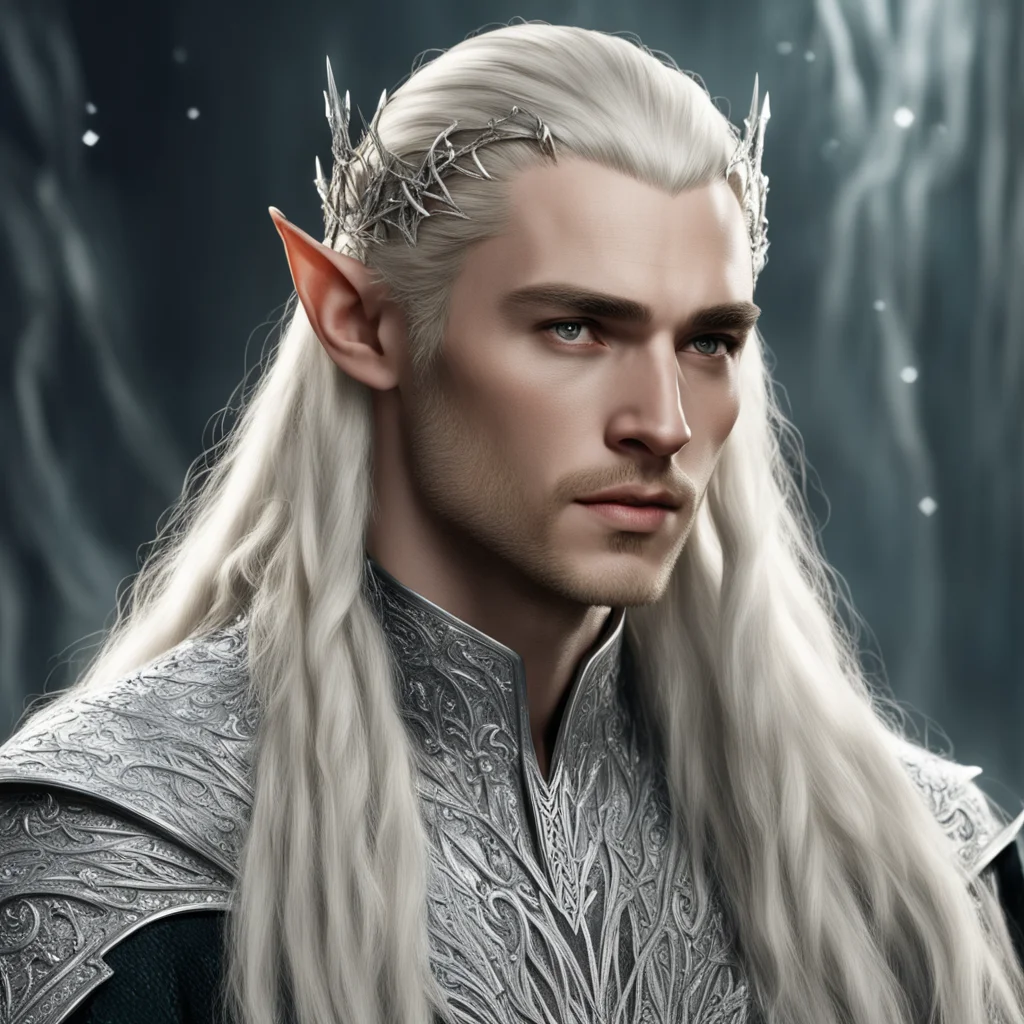 aiking thranduil with blond hair and braids wearing silver elvish forks with large diamonds and silver strings of diamonds in the hair good looking trending fantastic 1